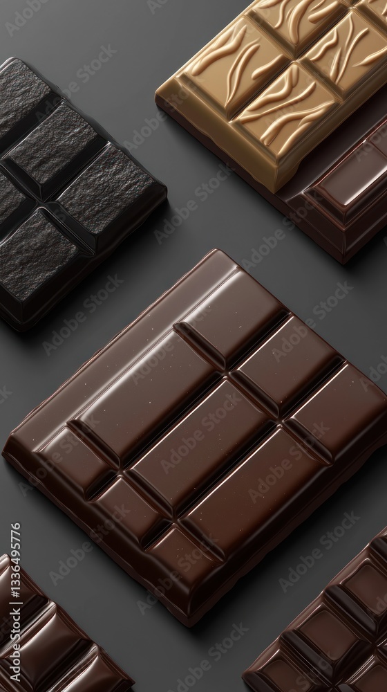 Fototapeta premium Various chocolate bars are arranged on a dark colored background