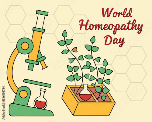 Celebrating World Homeopathy Day with symbolic imagery of a microscope, flask, and healing plant, highlighting natural health and wellness.