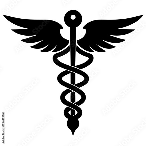 Golden caduceus medical symbol with wings and snakes representing healthcare and medicine
