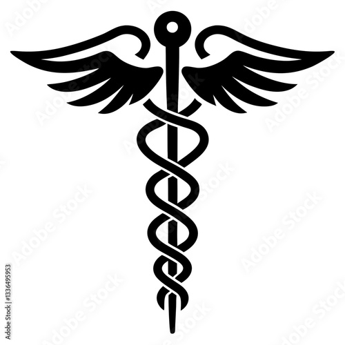 Golden caduceus medical symbol with wings and snakes representing healthcare and medicine