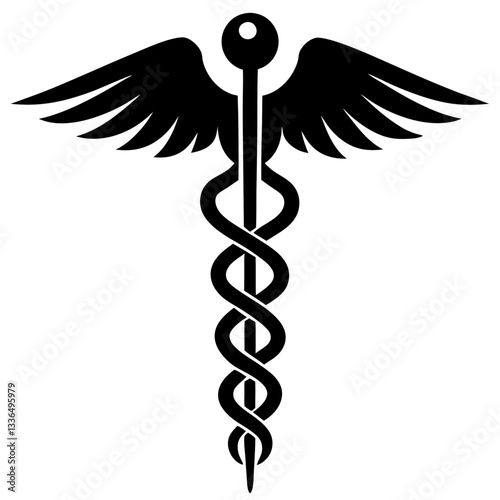 Golden caduceus medical symbol with wings and snakes representing healthcare and medicine