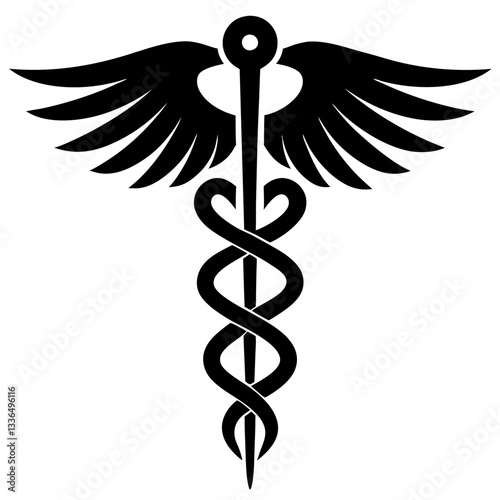 Golden caduceus medical symbol with wings and snakes representing healthcare and medicine