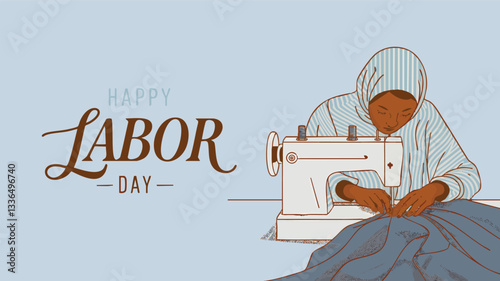 A stylized illustration of a woman wearing a hijab, focused on sewing fabric on a sewing machine