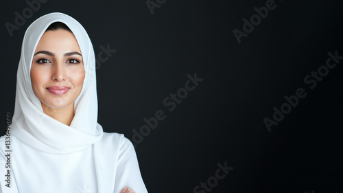 Arabian business woman in white shirt smile isolated on black background