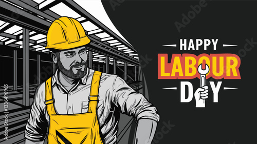 A powerful illustration of a construction worker in a yellow hard hat and safety vest, set against a backdrop of a construction site