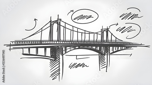 A Detailed View of a Bridge Construction Project Being Planned and Illustrated on a Whiteboard, Highlighting the Design Process, Engineering Blueprint, and Project Planning Stage for a Large Infrastru