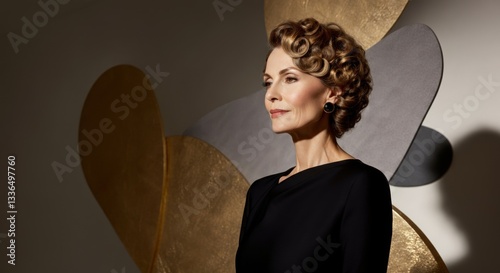 Elegant mature caucasian woman in black dress with curly hair in artistic setting
