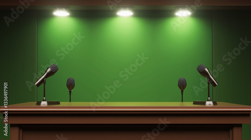 Empty podium with microphones against a green background  