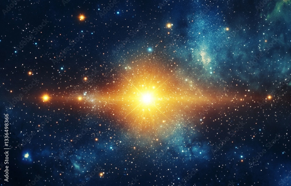 Cosmic explosion in deep space. Vast nebulae, bright star, and countless stars dotting the dark expanse Cosmic explosion in deep space. Vast nebulae, bright star, and countless stars dotting the dark expanse
