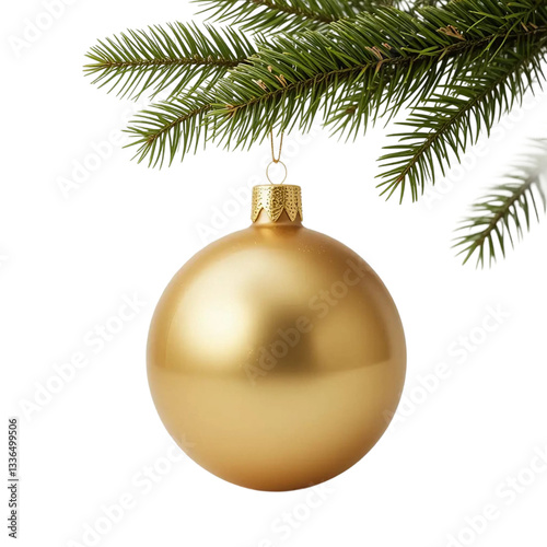 Christmas Tree Branch with Golden Bauble on White Background