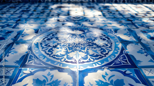 Ceramic tiles with white and blue pattern on the street, generation ai