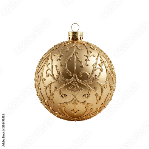 Golden Christmas Bauble with Decorative Pattern on White Background