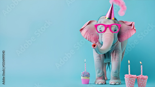 Funny pink elephant with birthday cap and pink glasses on a blue background. Empty space, generation ai