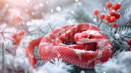 Cute red snake against a background of snow and christmas tree. Chinese symbol of the year 2025. Generation ai