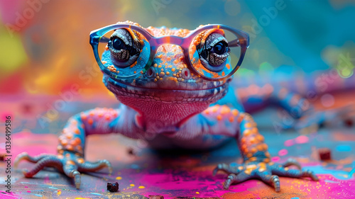 Multicolored salamander with glasses on a multi-colored background, generation ai