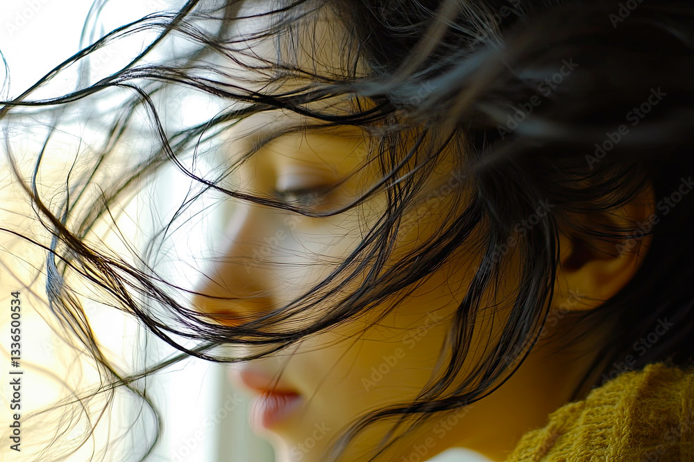 Naklejka premium Brunette woman with flowing hair gazes out a window during a soft morning light