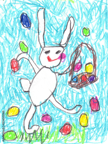 Easter egg hunt. White rabbit with basket and dyed Easter eggs. Easter greeting card in kid's drawing style, scribbles. Colored pencils drawing. Spring season.