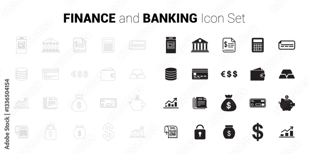 Finance and Banking Icon Set. Editable vector minimalist fill and outline icon. Finance and Banking Icon Set. Editable vector minimalist fill and outline icon.