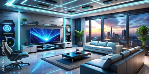 Wallpaper Mural High-Tech Living Room with Futuristic Neon Lights and Wall Monitor Torontodigital.ca