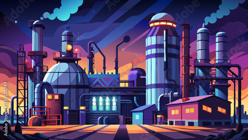 Photography Night View of an Illuminated Industrial Plant with Large Silos and Steam Pipes Under a Dark Sky
