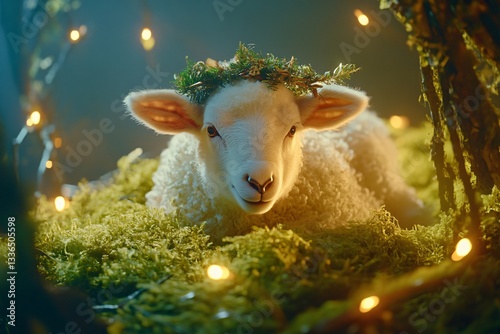 A sheep is laying in a field of moss and twigs. The sheep is wearing a crown of leaves