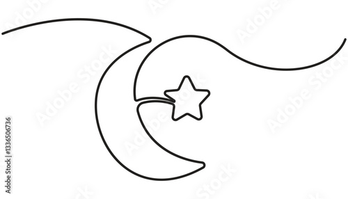 Moon with star single line art, continuous one line drawing of Isolated outline vector art