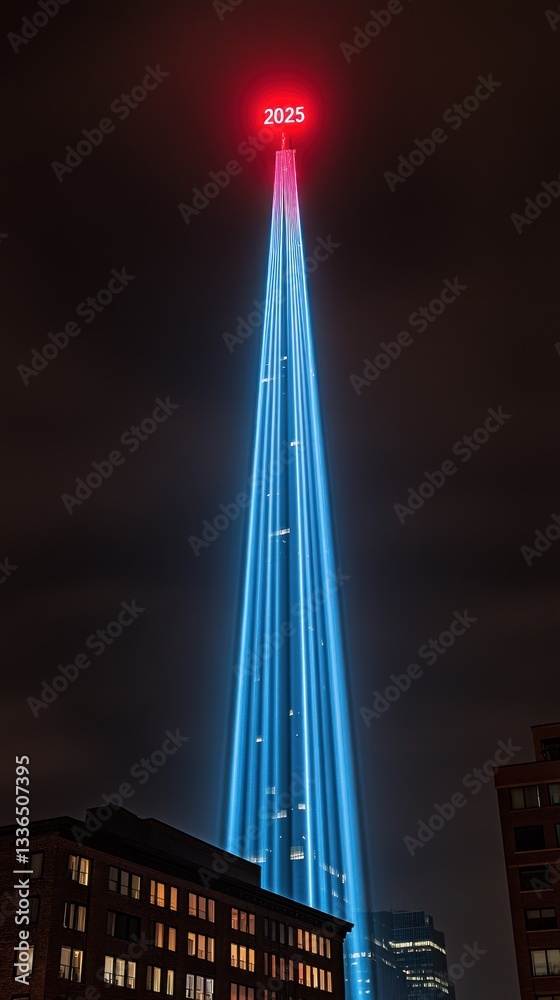Obraz premium Large skyscraper illuminated with blue lights under a dark sky