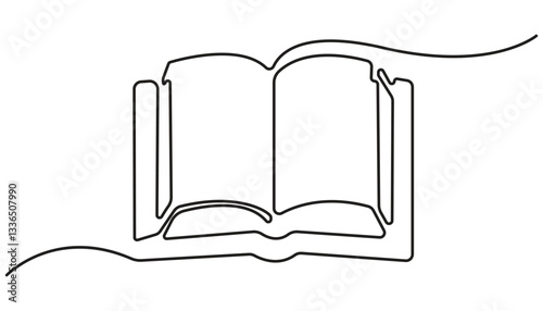 One line drawing of opened book isolated on white background. Continuous one line drawing of open book, Education and knowledge library concept