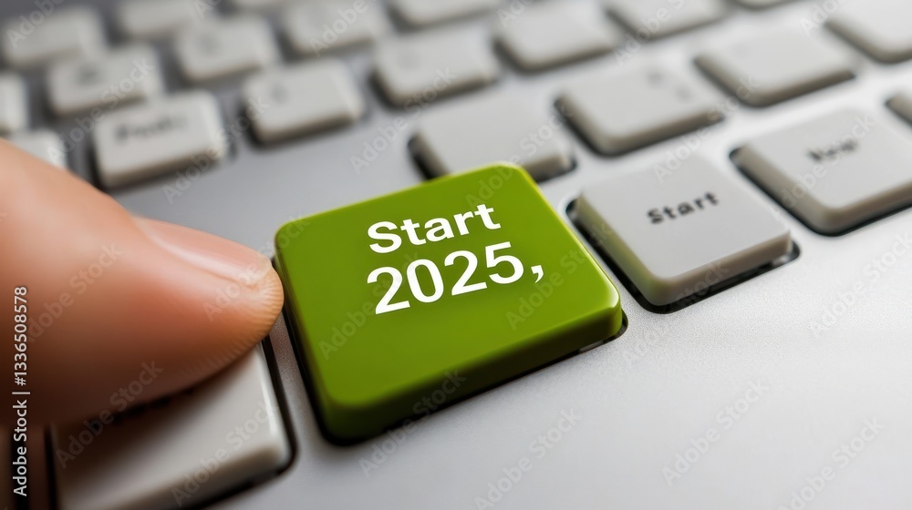 Human finger pressing a green start button on keyboard keys Human finger pressing a green start button on keyboard keys