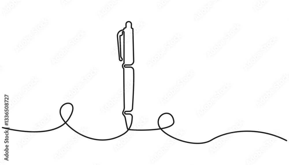 Obraz premium One continuous line drawing of pen writing wave thin stroke. Pencil symbol of study and education concept in simple linear style.