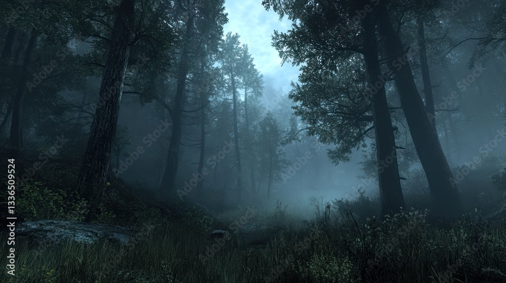Misty forest path with tall pine trees. Misty forest path with tall pine trees.