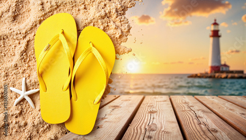 Bright yellow flip-flops on wooden boardwalk at sunset, summer relaxation