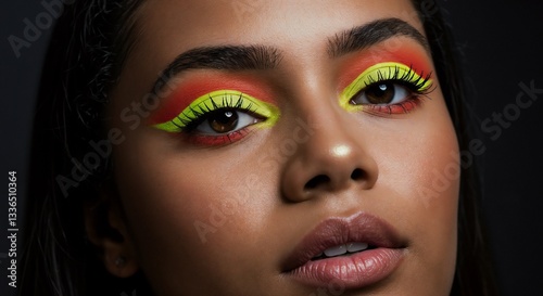 Woman with neon coral makeup, bold, posing against dark background