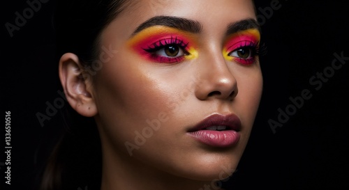 Woman with vibrant makeup, bold, posing against black background