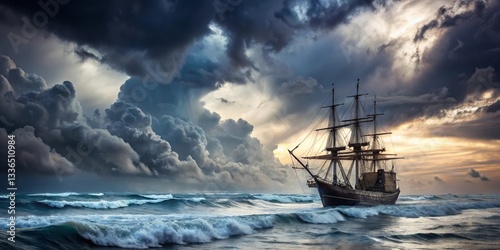 A Majestic Sailing Vessel Navigates Turbulent Waters Under a Dramatic, Stormy Sky