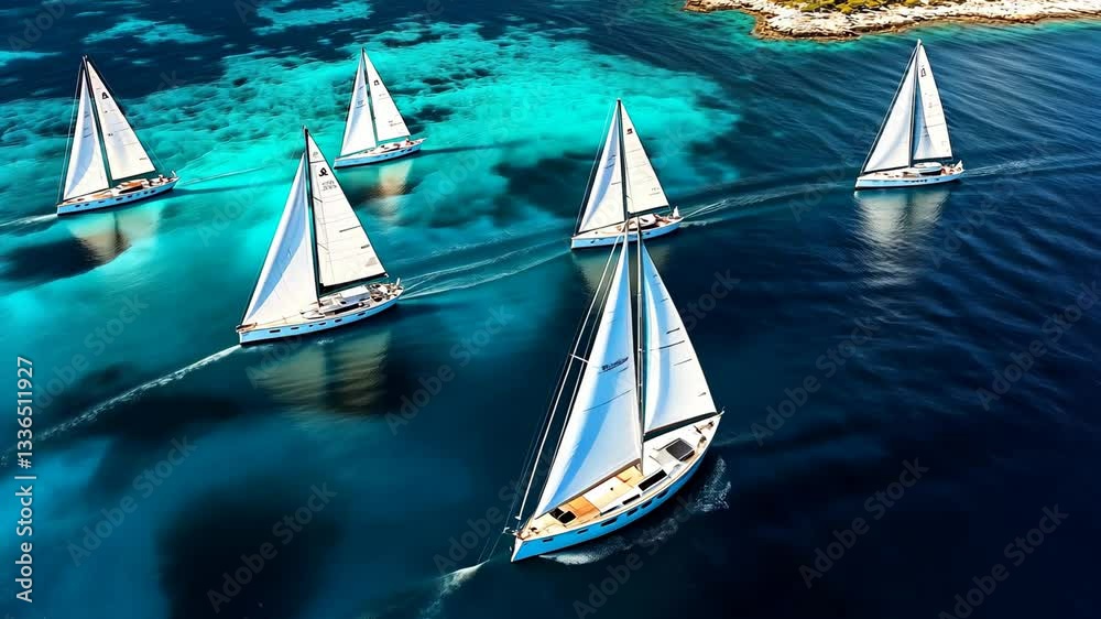Sailing boats navigate crystal clear waters near a tropical shoreline during sunny daytime