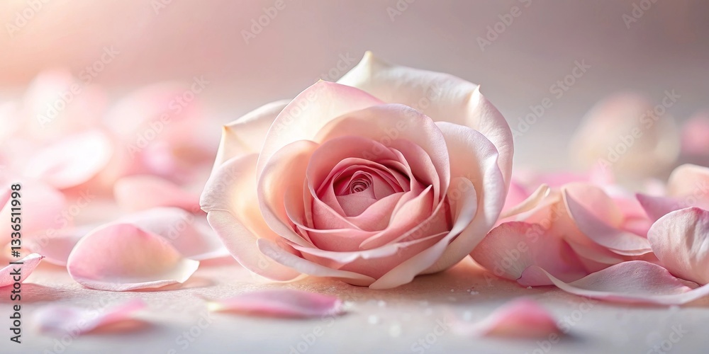 A Delicate Pink Rose with Scattered Petals, a Soft and Romantic Floral Image A Delicate Pink Rose with Scattered Petals, a Soft and Romantic Floral Image