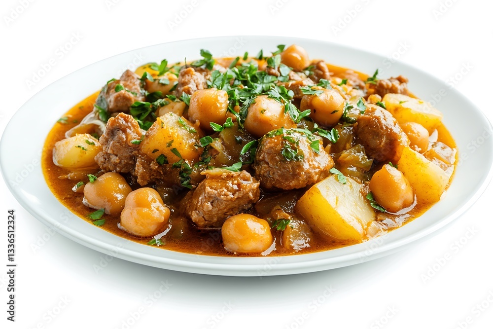 a dish of stewed chickpeas beef chunks potato bits on a white backdrop
a dish of stewed chickpeas beef chunks potato bits on a white backdrop