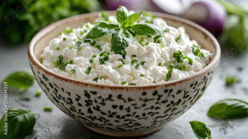 vibrant tableau of wholesome goodness featuring bowl of creamy cottage cheese adorned with fresh basil, parsley, and chives, testament to power of nature gifts for healthy digestive system and
