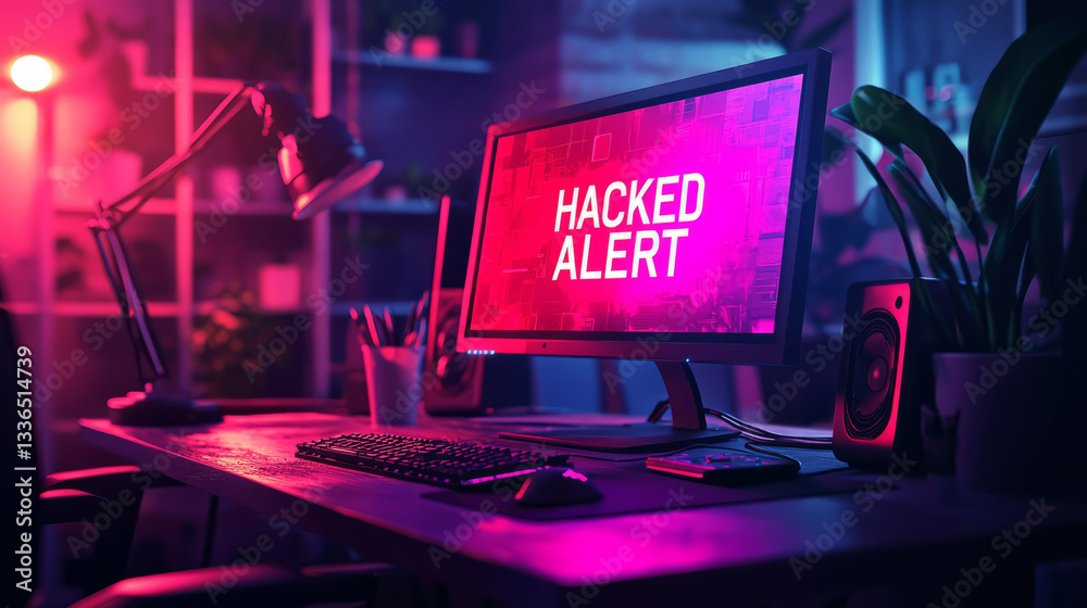 computer screen with a bright red HACKED ALERT message
