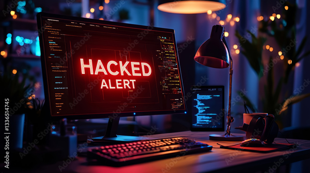 computer screen with a bright red HACKED ALERT message