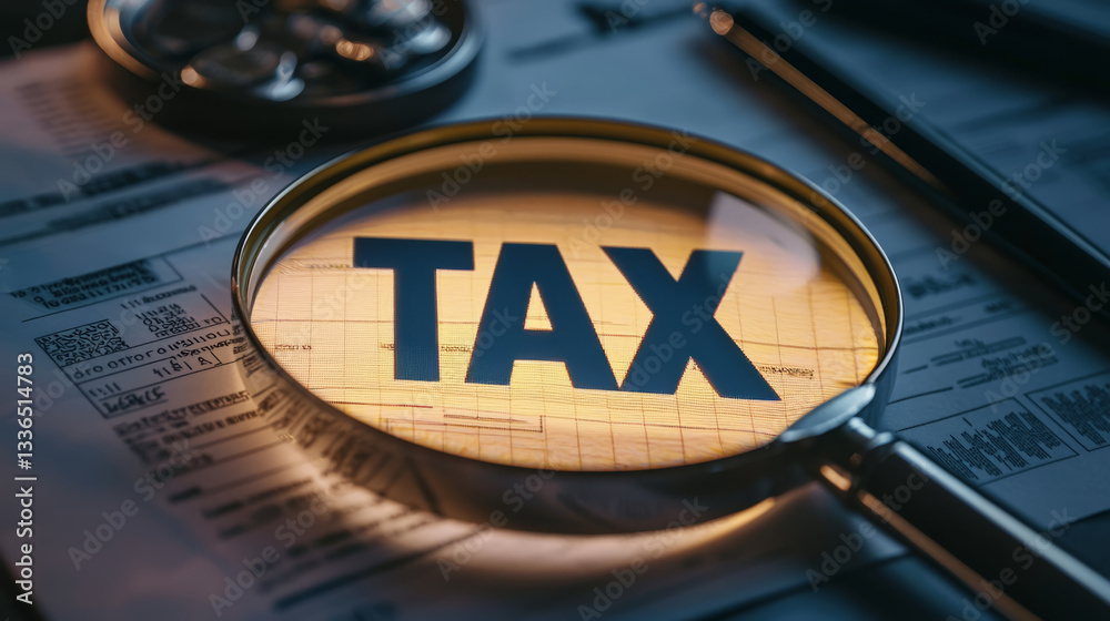 Glowing tax form with the inscription TAX under a magnifying glass