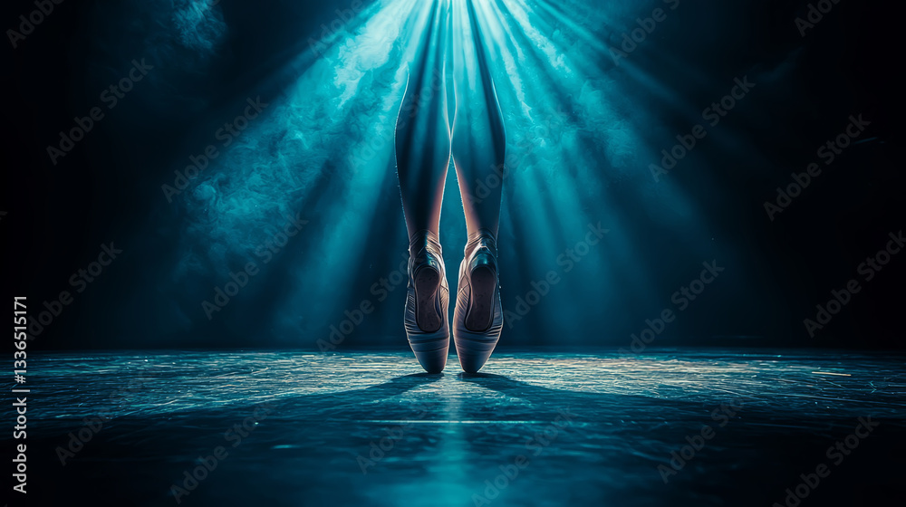 pointe shoes, placed on a dark stage and illuminated by a single beam of light