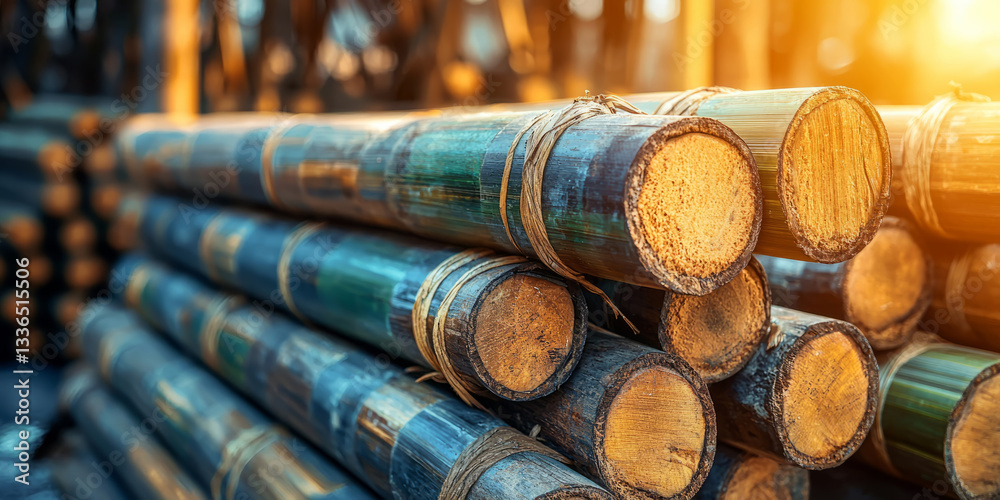 stack of bamboo poles, bound together, in a sustainable building materials warehouse