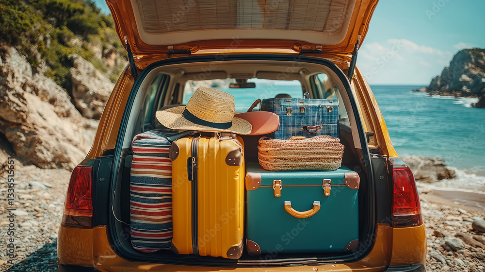 Summer road trip background with an open car trunk packed with suitcases,and beach accessories