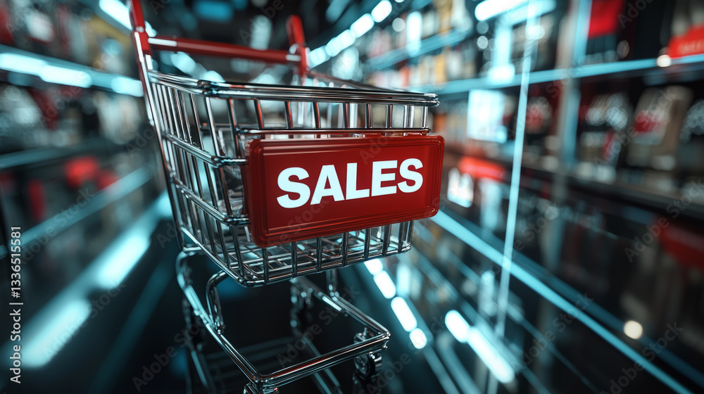 Neon Shopping Cart with Sales Sign in Store