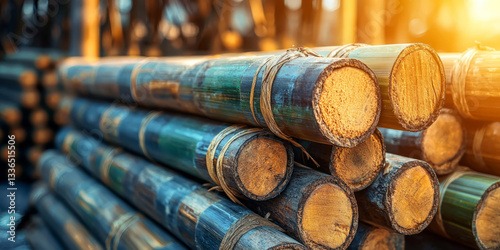 Obraz na płótnie stack of bamboo poles, bound together, in a sustainable building materials warehouse w salonie