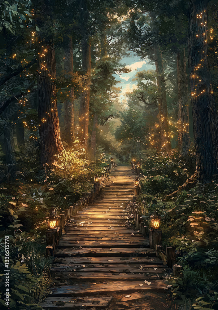 wooden footbridge along a pine tree-lined path, leading into a magical forest setting