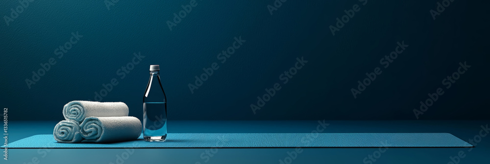 Yoga mat with water bottle and towel, minimalist fitness background