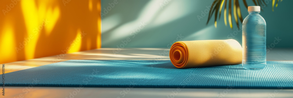 Yoga mat with water bottle and towel, minimalist fitness background